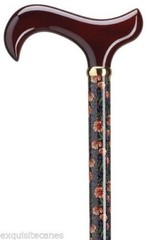 NEW LADIES BROWN DERBY HANDLE MIDNIGHT MUMS FLORAL WOODEN WALKING CANE STICK