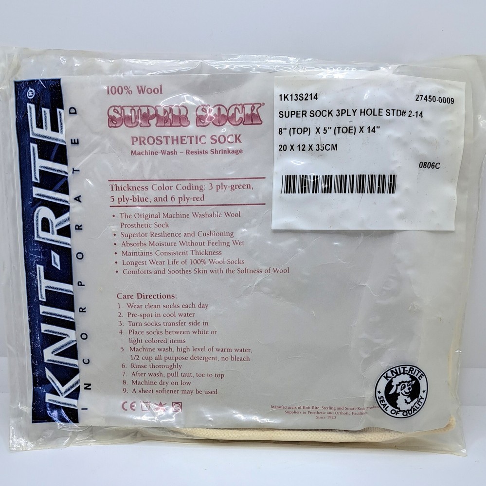 New Sealed Super Sock Prosthetic 100% Wool 3 Ply W/Hole 1K13S214 8 x 5 x 14