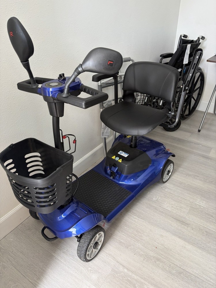Electric Blue/Black 4-Wheel Mobility Scooter w/ Front Basket & Padded Armrests