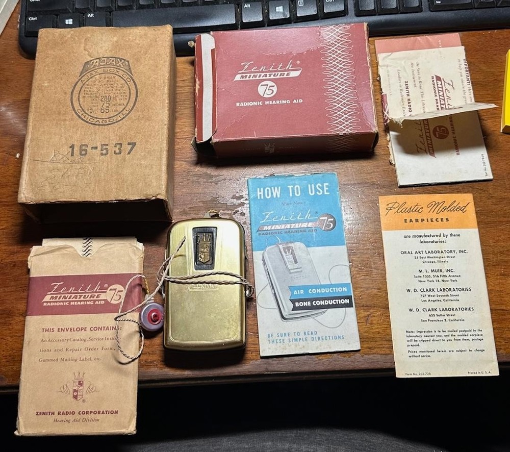 Vintage 1951 Zenith 75 Radionic Hearing Aid w/ Box & Manuals