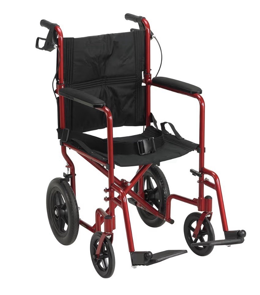 Medline Transport Wheelchair. Lightweight, Foldable, 12” Wheels, Color Red NEW