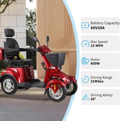 800W All Terrain Electric Mobility Scooters for Seniors 500lbs 60V/20A 31 miles