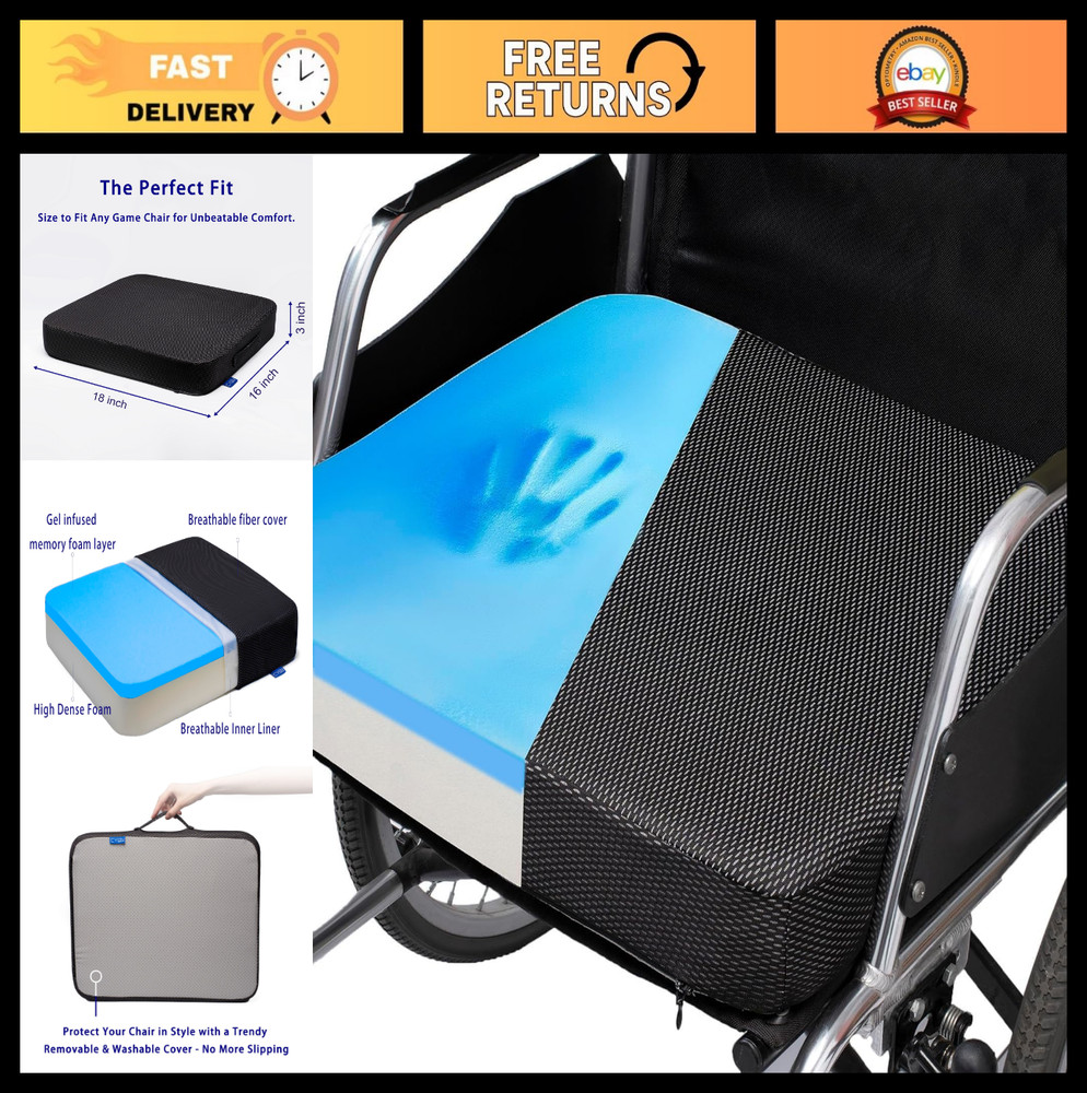 Gel Infused Memory Foam Wheelchair Cushion – Pressure Relief Seat Pad 18x16x3