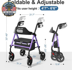 Foldable Rollator Walkers with Seat for Seniors, 8“ Big Wheels, 350 Lb. Weight