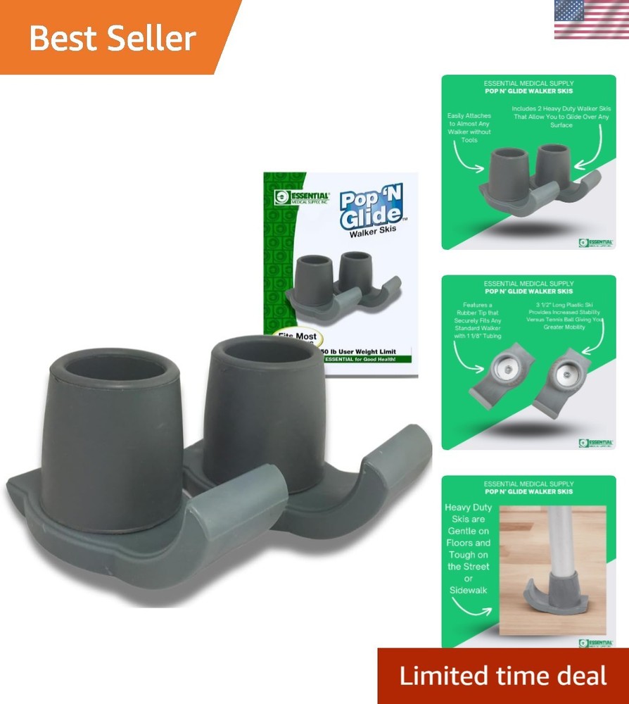 Pop & Glide Universal Fit Walker Ski Glides – Gray 2 Pack for Smooth Mobility