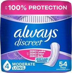 Always Discreet Incontinence Pads for Women, Moderate Absorbency, Long, 54 Count