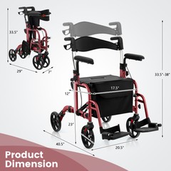 Goplus Foldable Rollator Walker w/ 8” Wheels &Seat Supports up to 300 lbs Red