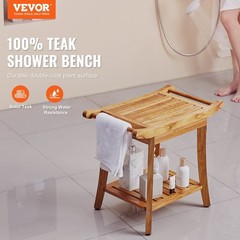 300lb Teak Shower Bench 22×14.4×18.5in, Waterproof Wood, Shelf, Non-Slip Feet