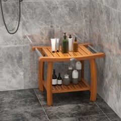 2-Tier Teak Wood Bath Storage Bench Shower Stool With Curved Seat and Handles