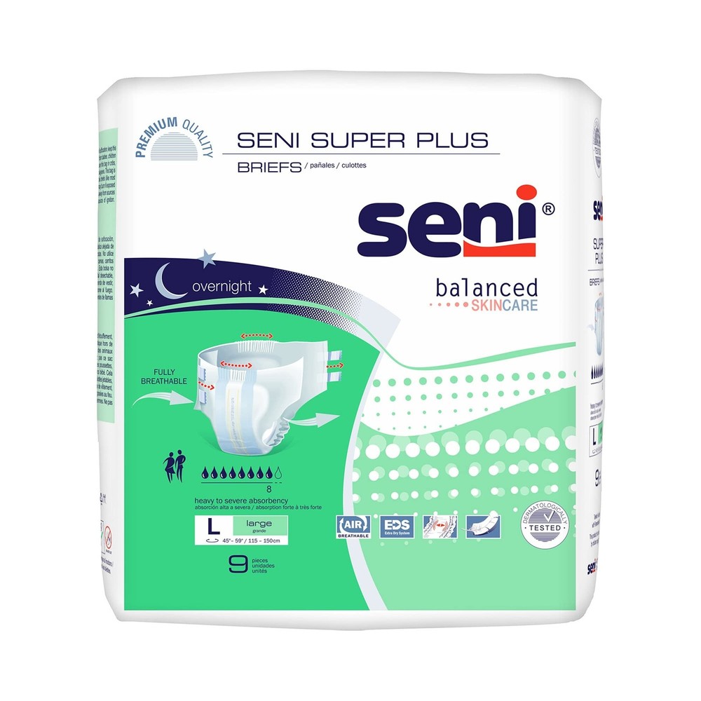 Seni Super Plus Briefs, Large, Unisex, 45 in, 59 in, 9 ct
