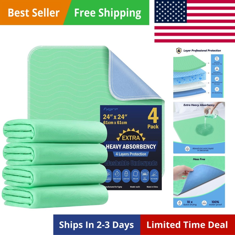 4 Pack 24” x 24” Extra Heavy Absorbency Washable Underpads, Waterproof Nursin…
