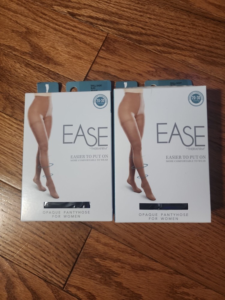 Ease Compression Pantyhose Size SMALL Short Black Opaque Therafirm 20-30 2PR.