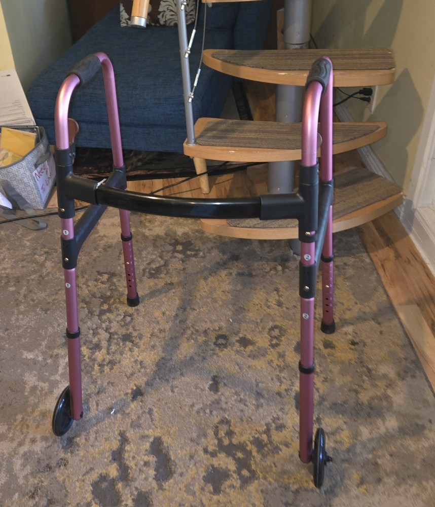 HOMLAND Lightweight Folding Walker for Seniors Rose Pink 5″ Wheels, 350 lb