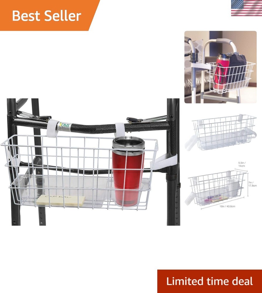 Universal Fit Walker Basket with Removable Tray & Cup Holder – 16×5.5×7 Inches