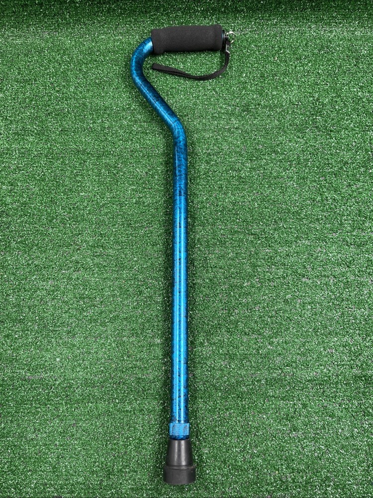 Adjustable Height Non-Slip Offset Handle Walking Cane Blue Black W/ Wristlet