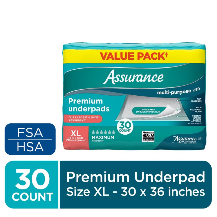 Assurance Unisex Premium Underpad for Adults XL 30 x36″ Max Absorbency, 30 Count