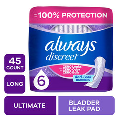 Always Discreet Adult Incontinence Pads for Women, Ultimate Absorbency,45 Count