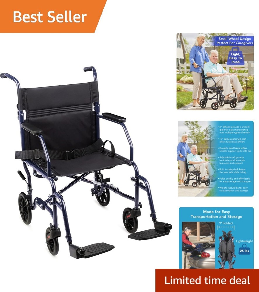 Ultra Lightweight 25 lbs Transport Wheelchair with 19″ Seat – Foldable & Safe