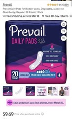 Prevail Daily Pads for Bladder Leaks Women’s Regular 20 Count Pack LOTx9 PACKS