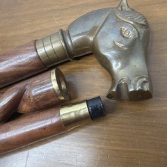 Brass Horse Head Handle Walking Stick Spiral Wood Cane Vintage
