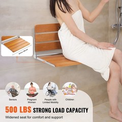 Wall-Mounted Folding Teak Shower Seat 20.9x16in 500lb Load Capacity