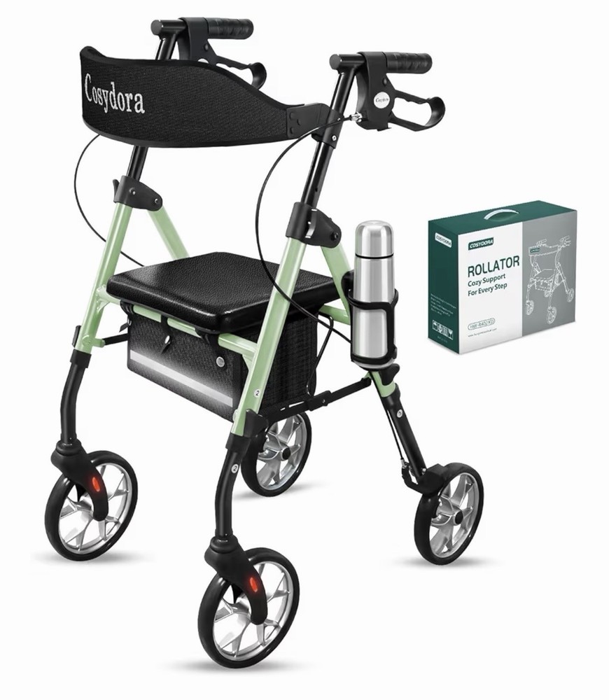 Cosydora R402 Rollator Walker with Seat, 13.6 lb, 8” Wheels, Sage Green