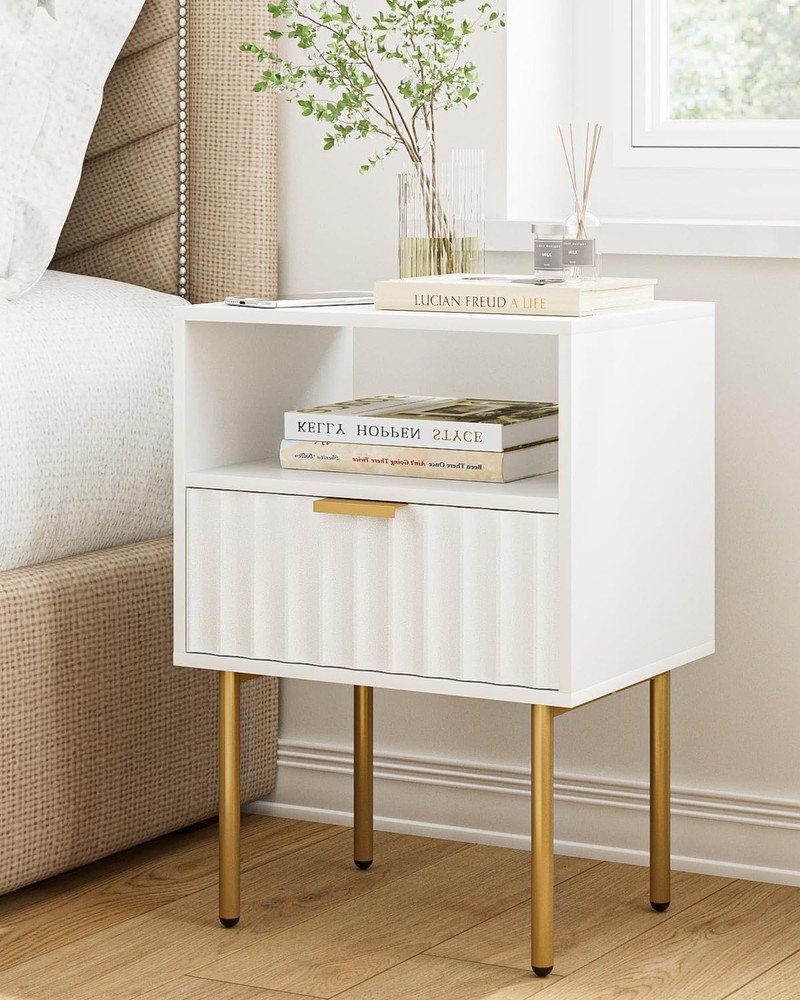 Nightstand,Morden Bedside Table with Gold Frame,Small White Night Stand,End T…