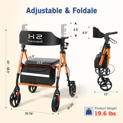 Foldable Rollator Walker for Seniors with Seat, 8″ Wheels, Dual Height Adjust