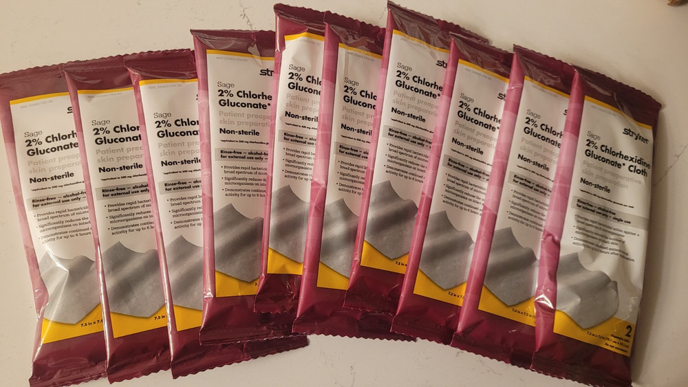 Lot of 10 Stryker Sage 2% Chlorhexidine Gluconate Cloths – 10 pks of 2 each