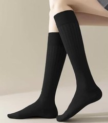 Women’s Knee High Socks – Pure Vertical Stripe Soft Cotton Thin Casual Black