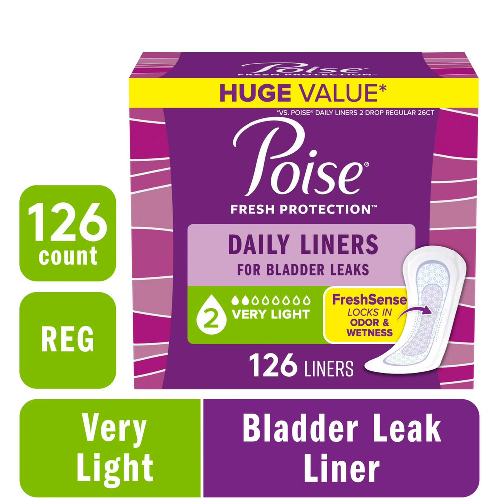 Poise Daily Incontinence Liners, Size 2, Regular Length Very Light, 126 ct