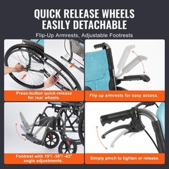 Aluminum Wheelchair – 30lb, Easy-Fold, Flip Arms, 22″ Shock-Absorbing Tires