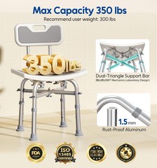 350 lbs Rectangular Adjustable Shower Chair with Back Elderly Seat Bench Stool