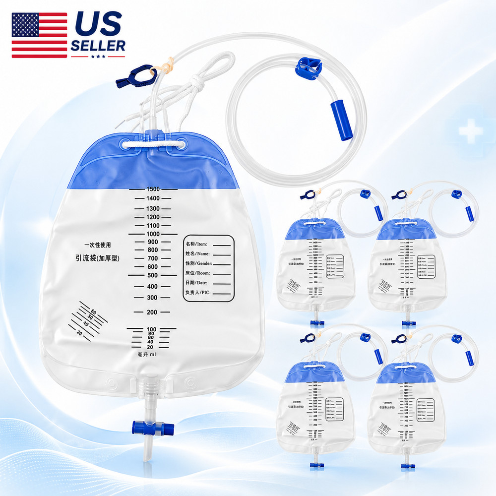 5 Pack 1500 ml Urine Leg Bag, Easy-Tap Disposable Urinary Drainage Bag