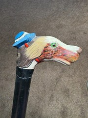 Vintage Antique Carved Wood Dog Wearing a Hat Cane Hand Painted
