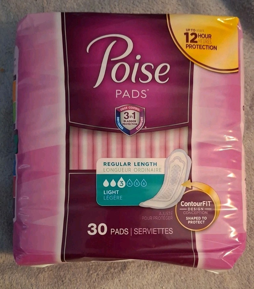 Poise Pads – 30 Count Light Regular Length Contour Fit 12 Hour – 3 In 1 – #761