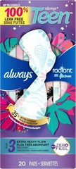 Always Radiant Teen Pads, Size 3, Extra Heavy, with Wings, Unscented, 20 Count
