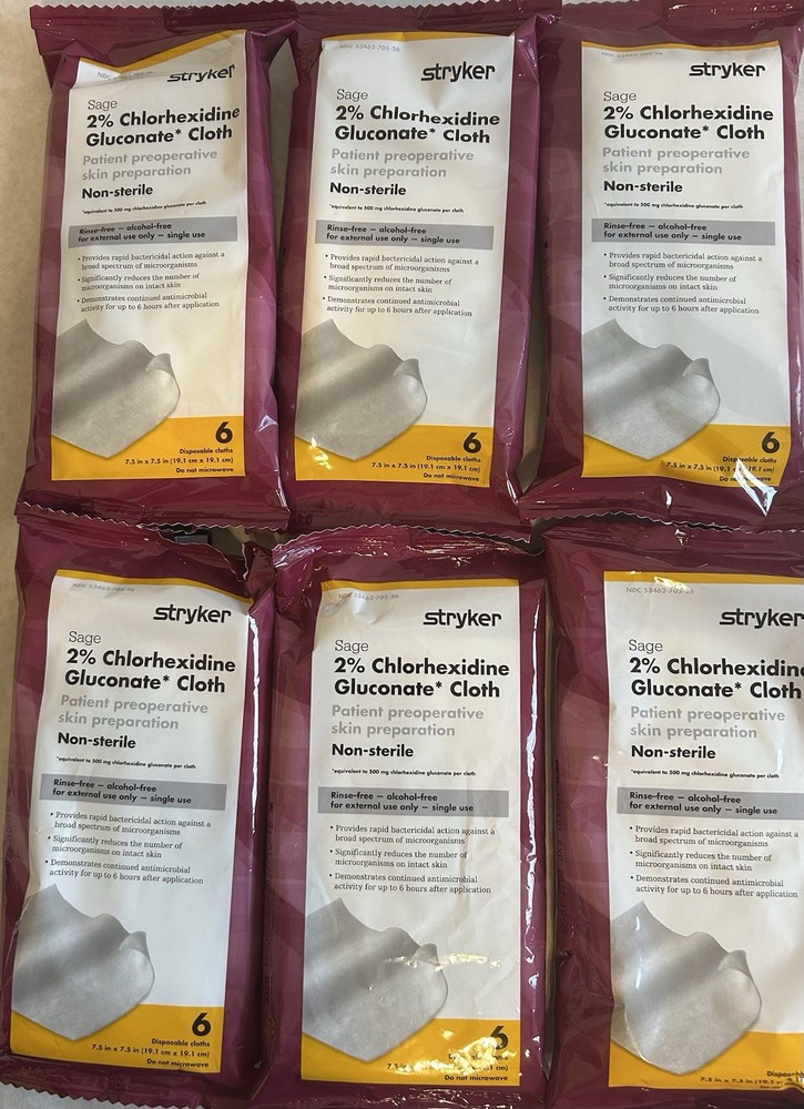 Stryker Sage 2% Chlorhexidine Gluconate Cloth lot of 6 Packs – 6/pack, EXP 10/27