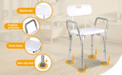 Heavy Duty Shower Chair with Arms and Back 350lbs Adjustable Bath Seat White