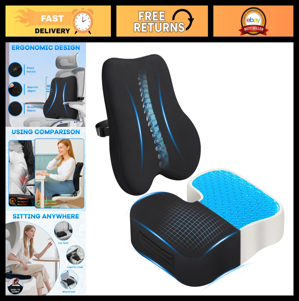 Cooling Gel Seat Cushion & Lumbar Support Pillow Set for Tailbone & Sciatica Rel