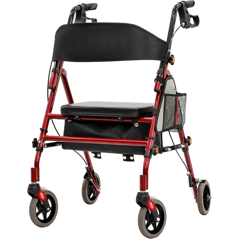 Foldable Rollator Walkers with Seat for Seniors 5 Adjustable Height 350 LB Red