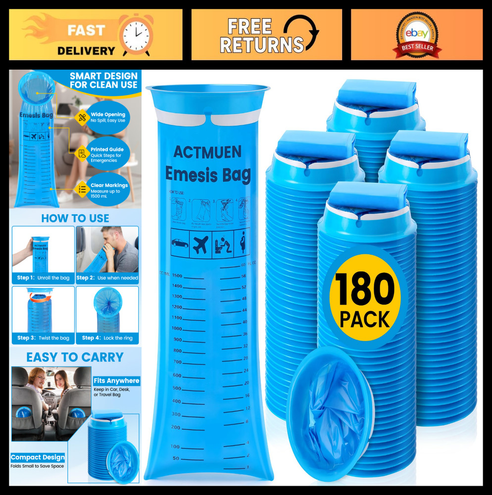 Disposable Vomit Bags 180 Pack – 1000ml Emesis Bags for Travel, Nausea Relief, L