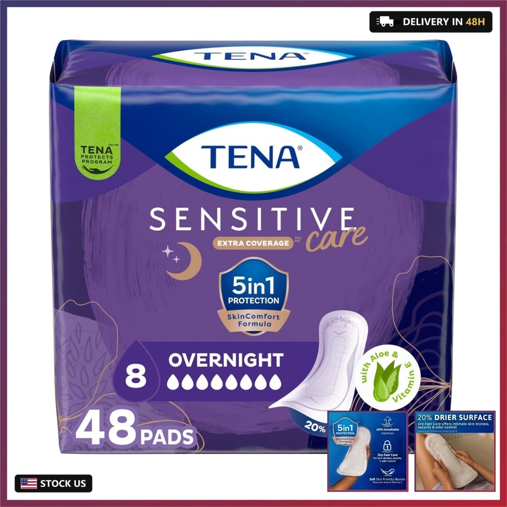 Tena Sensitive Care Overnight Incontinence Pads Women, Extra Coverage, 48ct