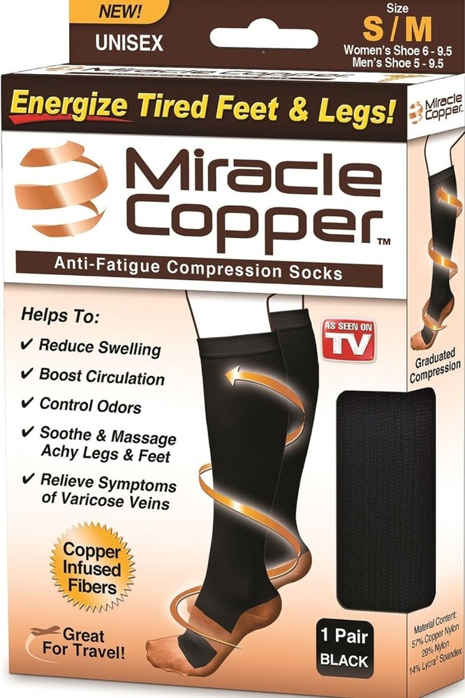 New! Miracle Copper Compression Socks – Black, Size S/M