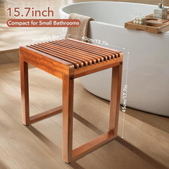 15.7“ Compact Teak Shower Stool, Solid Wood Spa Bench for Walk-In Shower | Wate