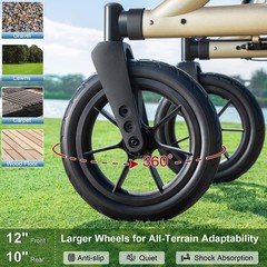 All-Terrain Rollator Walker with Seat, 12″ Rubber Wheels, Backrest, Cup Holder,