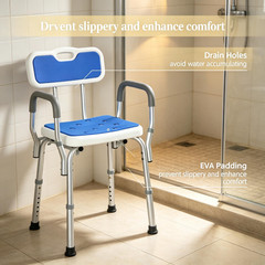Adjustable Height Padded Shower Chair with Arms And Back, Bath Seat for Seniors