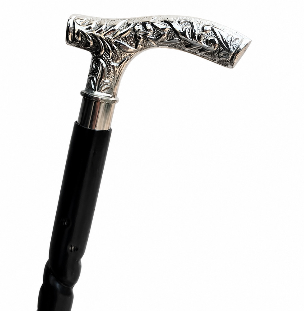 Ornate Silver Derby Handle Walking Cane Black Shaft Elegant Gentleman Cane Stick