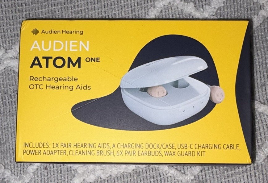 Audien Hearing Atom One Rechargeable OTC IIC Hearing Aids Beige w/ Dock