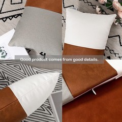 2 Pack 12×20 Inch Lumbar Pillow Covers, Brown Faux Leather & Gray White Cotto…
